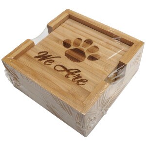 set of 4 bamboo coasters with paw print and We Are